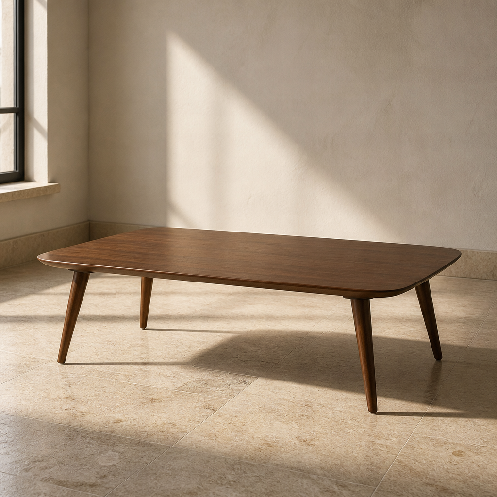 Christopher walnut coffee table with a rounded rectangular top and four splayed tapered legs, close product view on a travertine floor