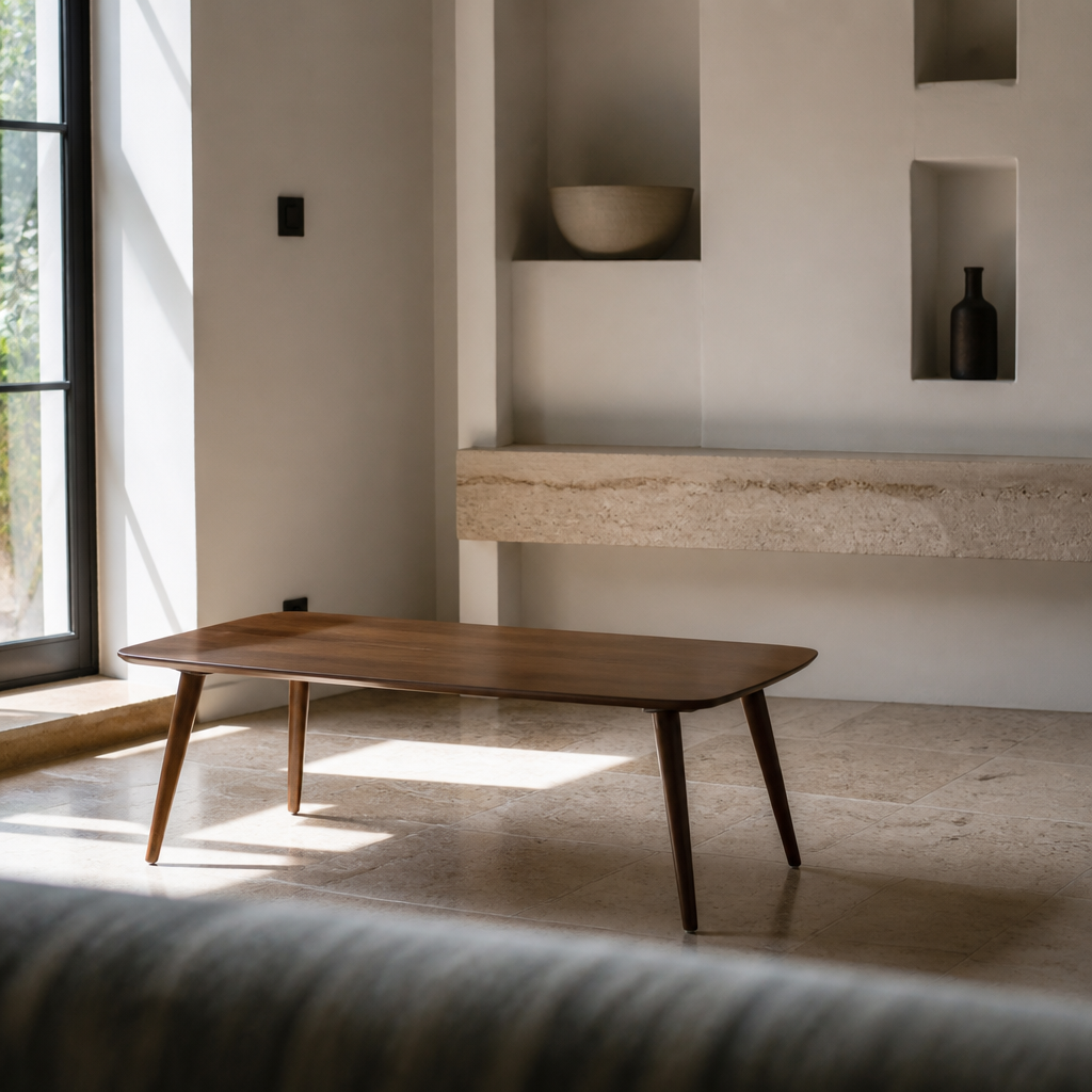 Christopher walnut coffee table beside a sculptural niche with one hard bar of light across the travertine