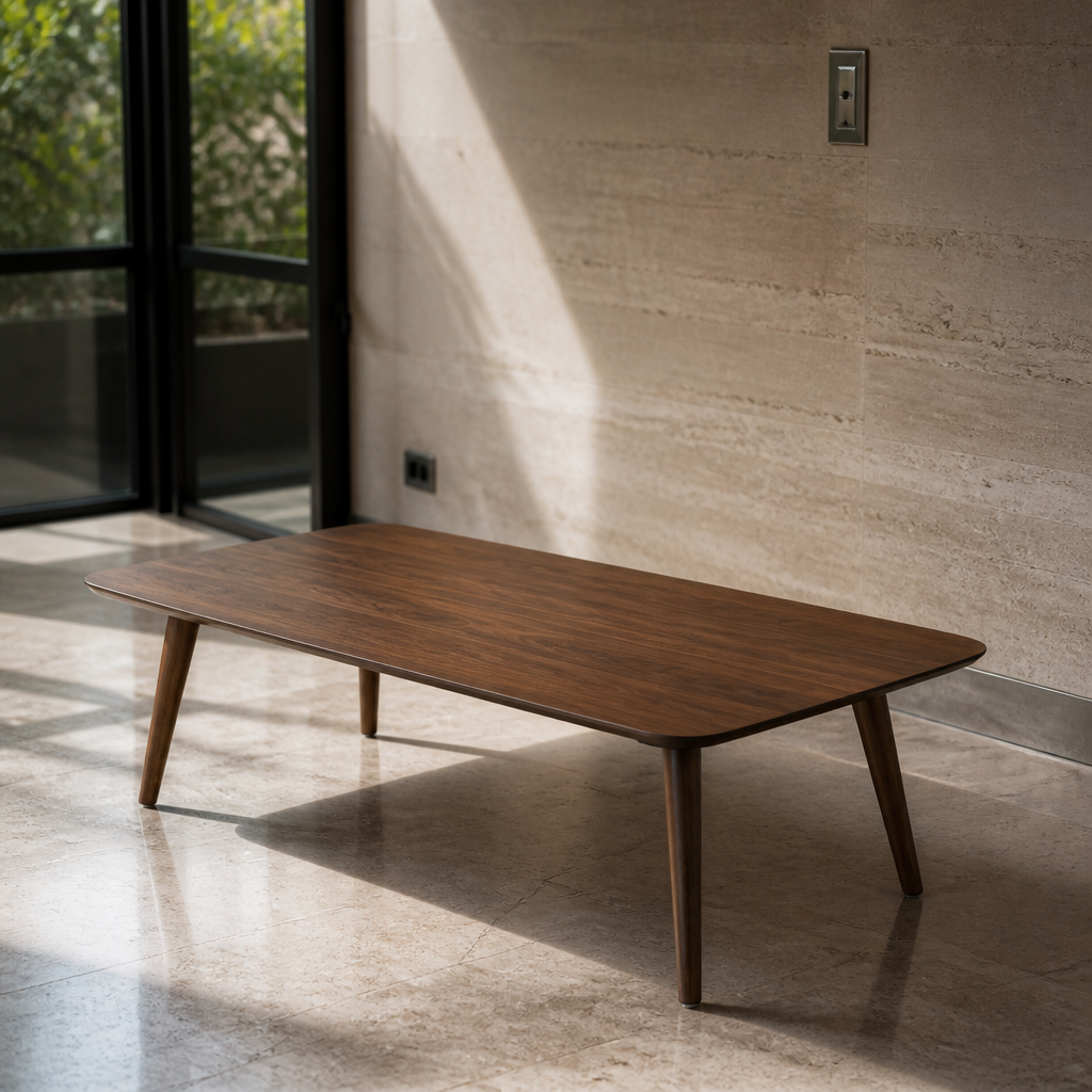 Close study of the walnut grain, chamfered edge and tapered leg junction of the Christopher coffee table