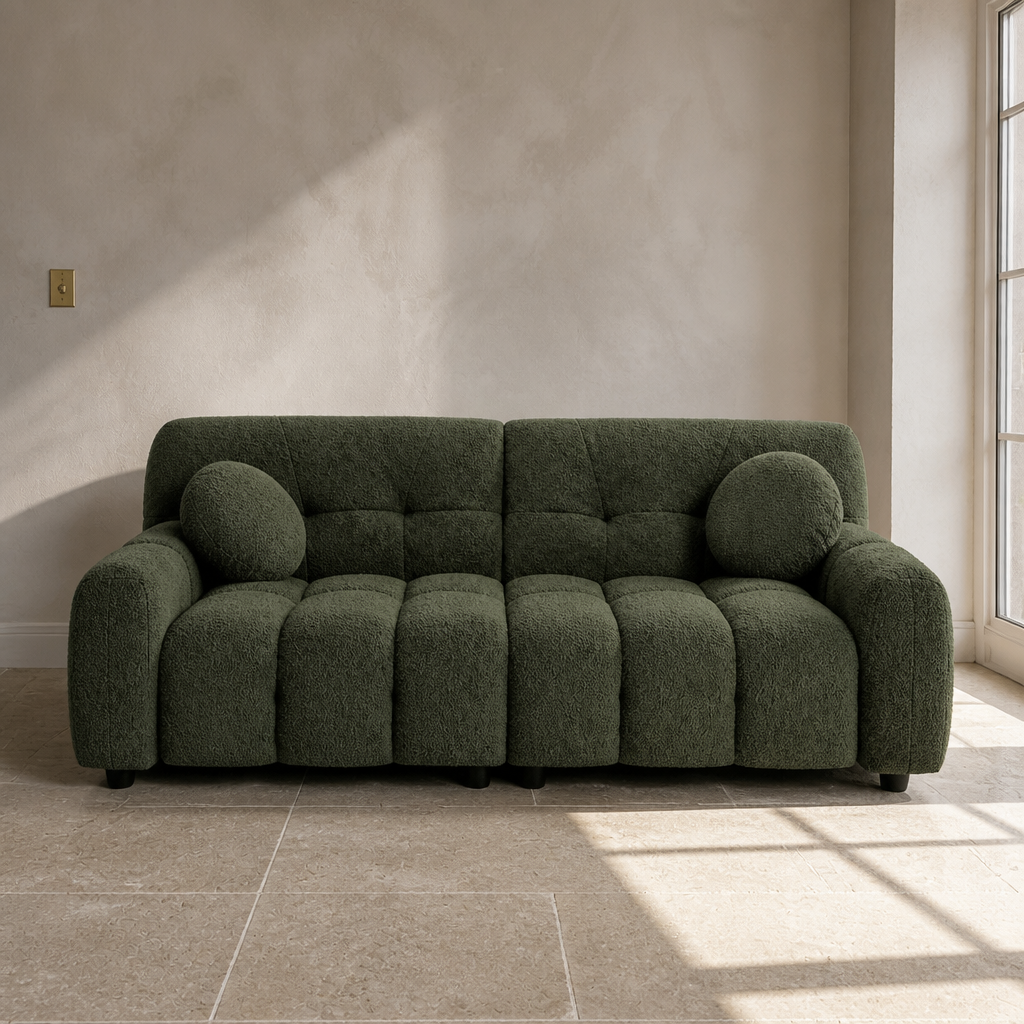Cloud modern boucle sofa in emerald green, 72.8 inches wide, with puffy seat segments, round bolster pillows and short black tapered feet
