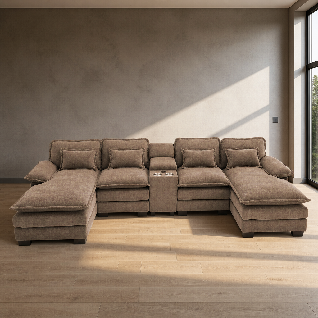 Cloud chenille U shaped modular sectional sofa in warm brown, 133 inches wide with a chaise at each end and a cup holder console