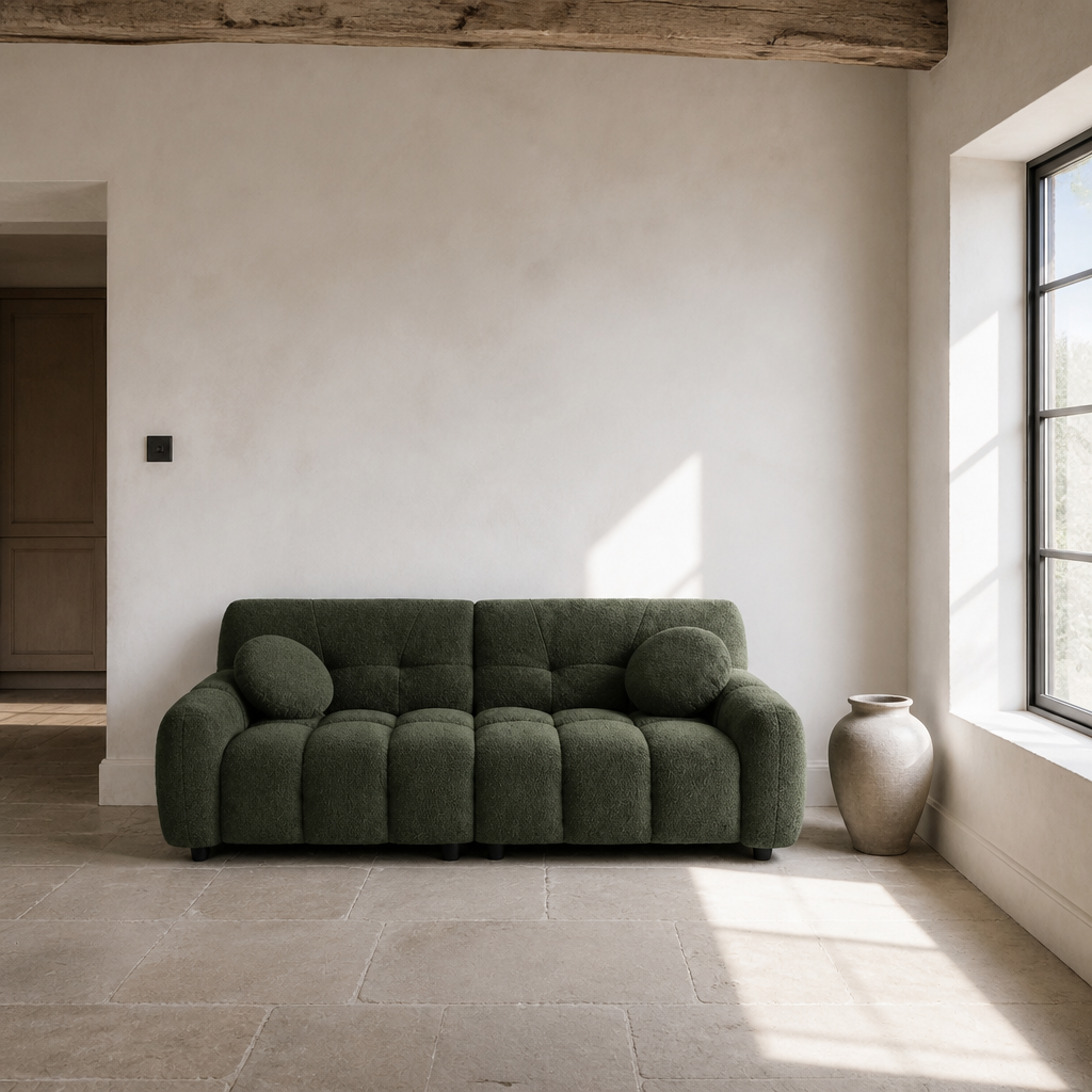 The green boucle sofa seen in full in a chalk lime wash room with a limestone flag floor