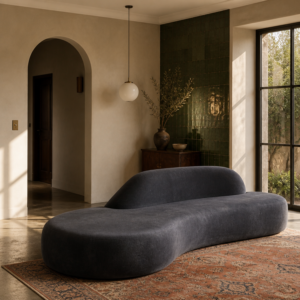 The dark grey curved couch seen in full in a lime plaster room with a green zellige accent wall
