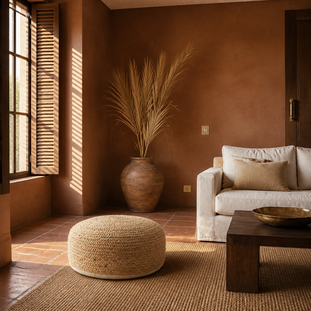 The braided jute ottoman on a flat woven jute rug in a terracotta tiled living room with timber shutters