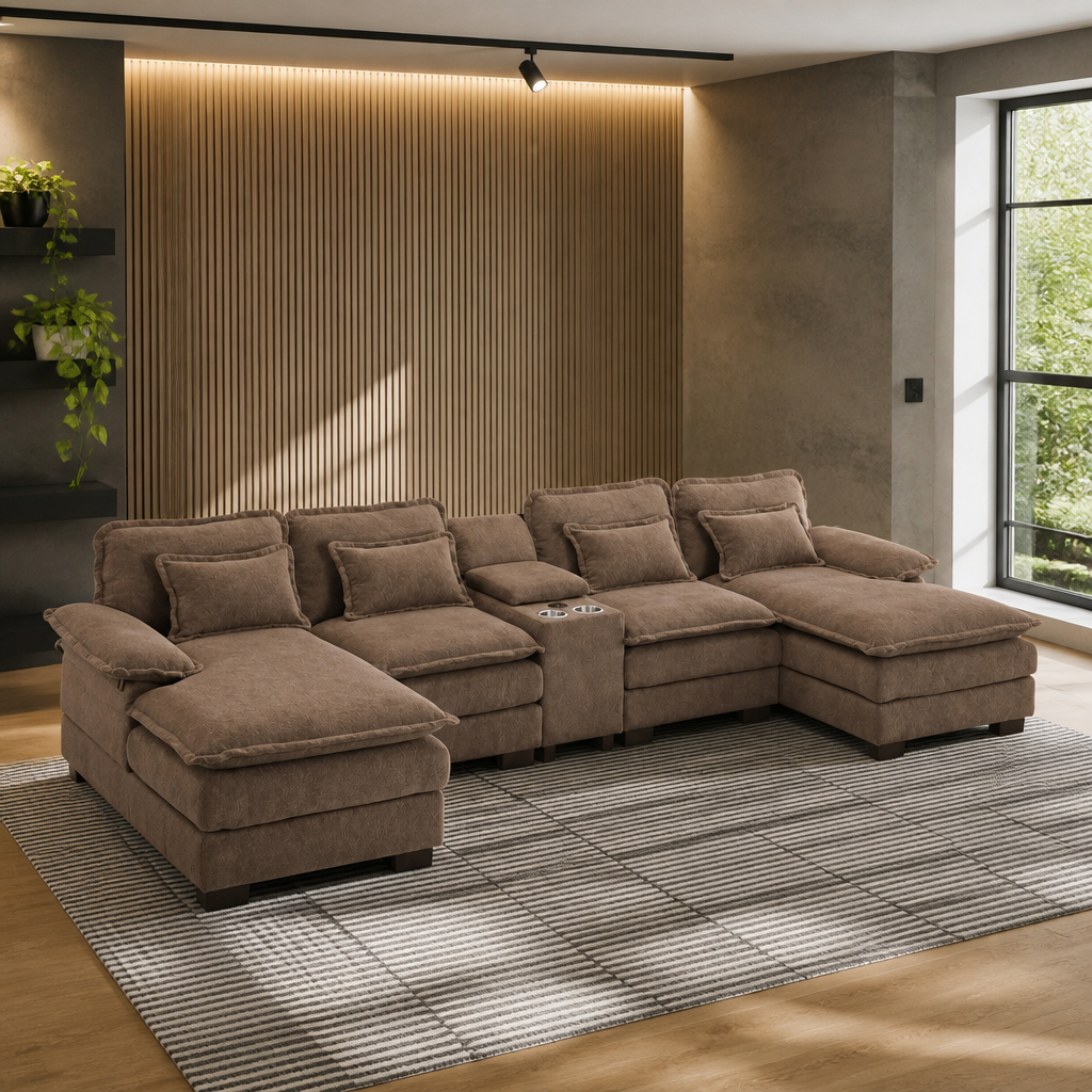 The brown chenille sectional seen in full in a living room with a backlit white oak slat wall