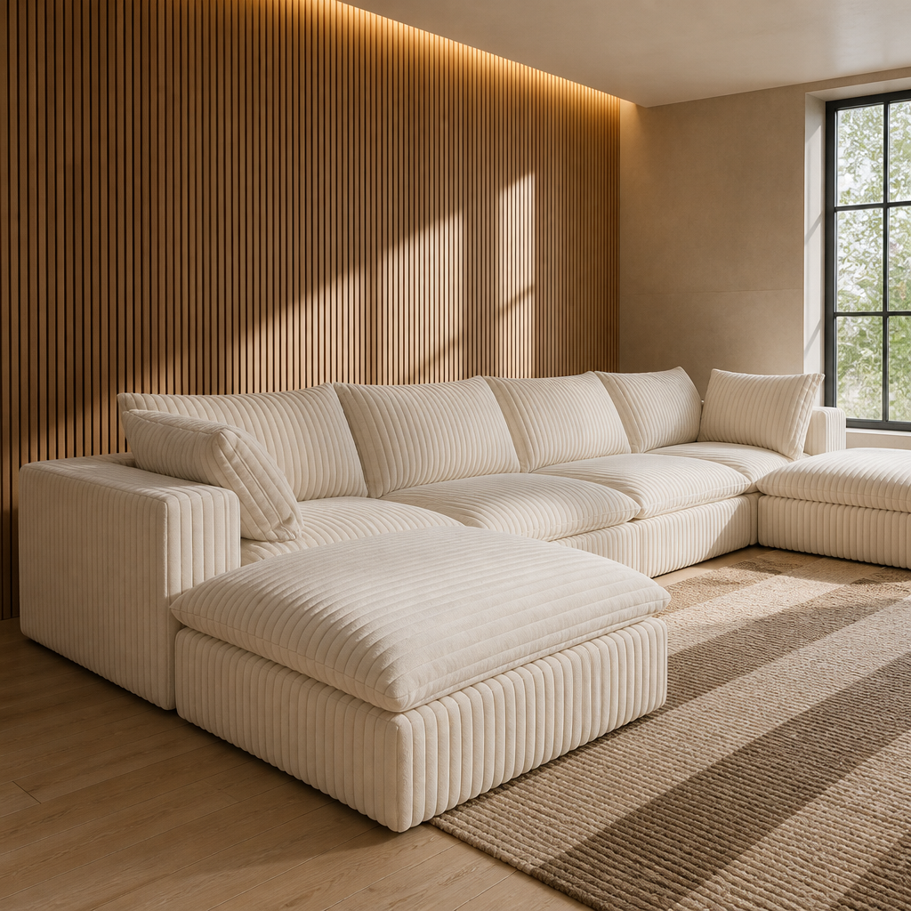 Cream corduroy sectional shot down its length beside a backlit oak slat wall