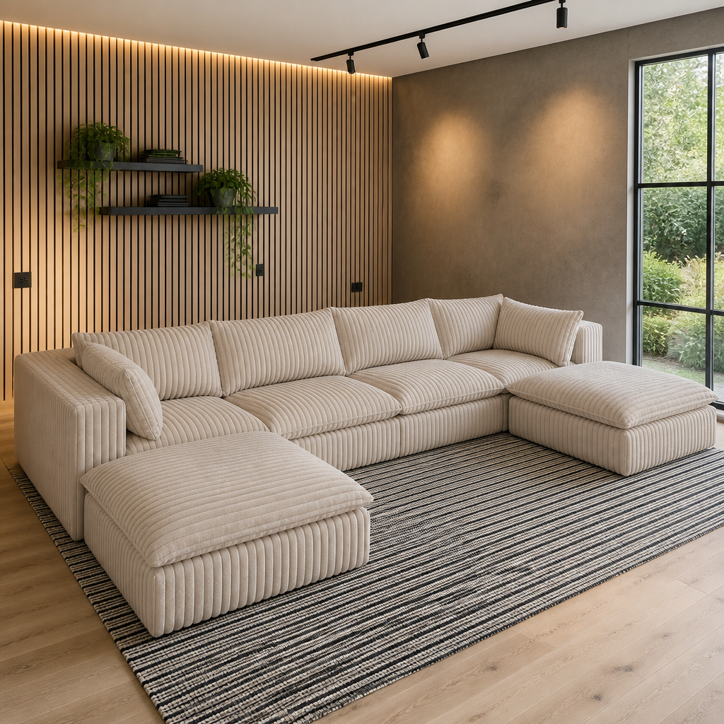 Cream corduroy modular sectional in a full room with oak slat wall and microcement