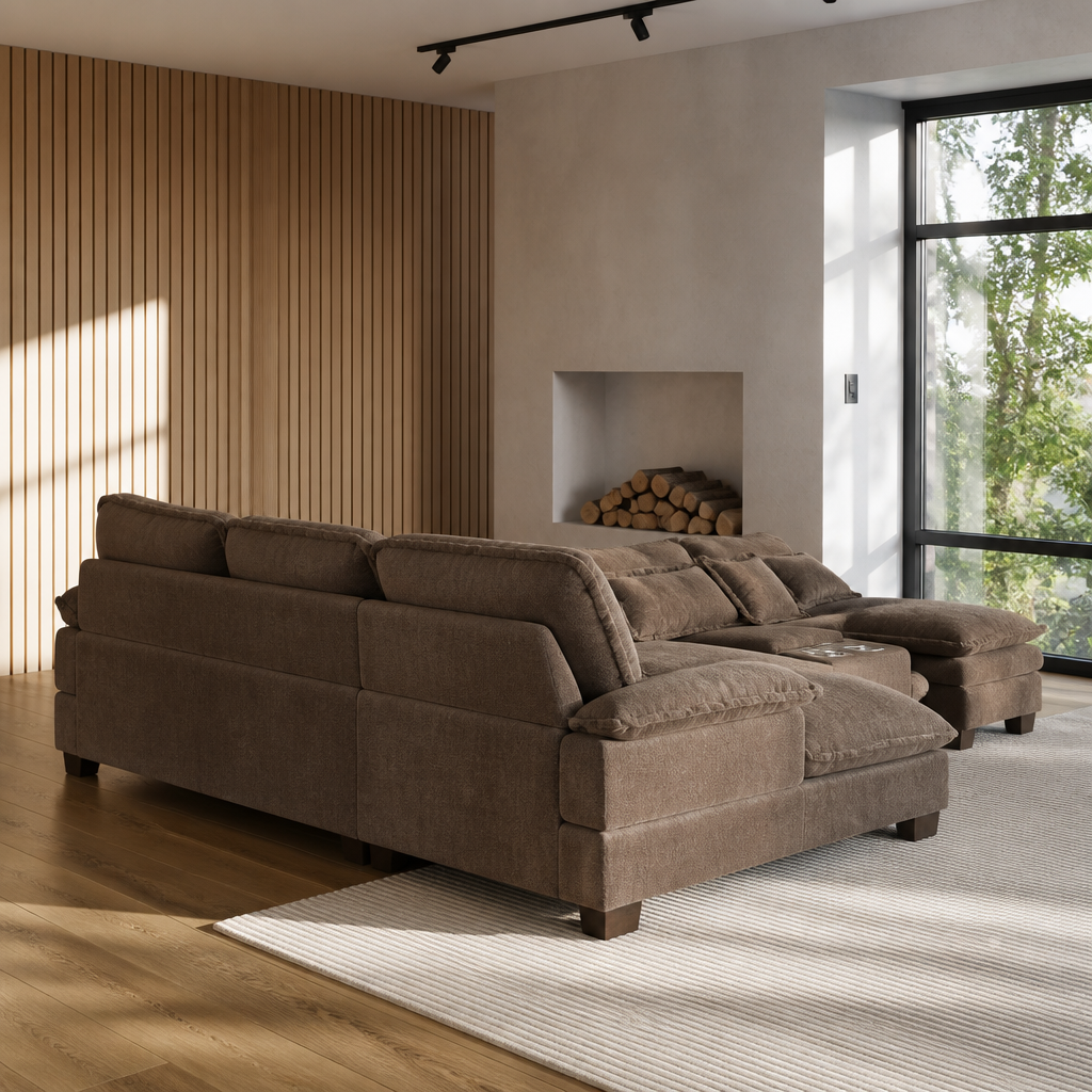 Three quarter rear view of the brown chenille sectional showing the back, the deep chaise and the short timber feet