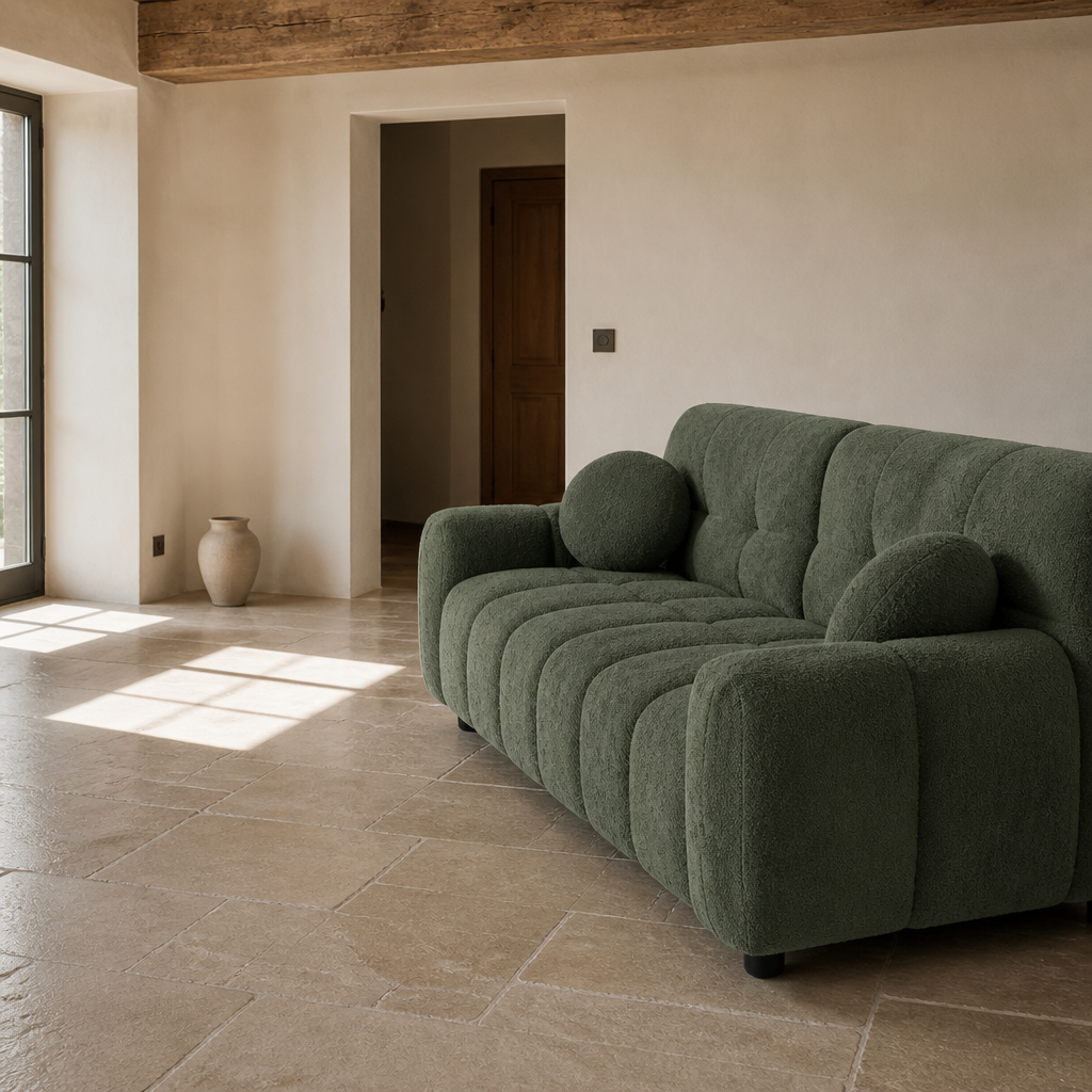 Three quarter rear view of the green boucle sofa showing its 33 inch depth and low skirtless base