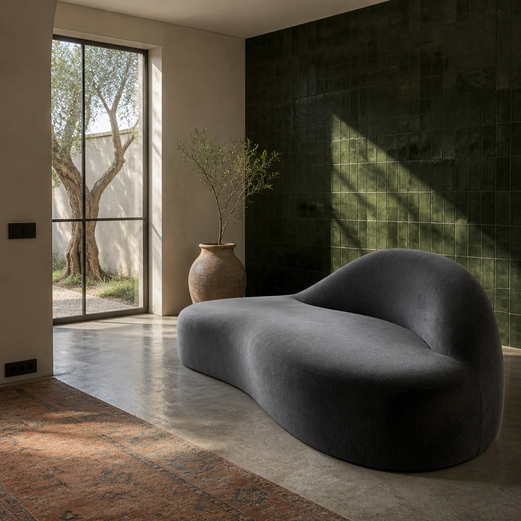 Three quarter view of the dark grey curved couch showing the low arced backrest sweeping into the open chaise