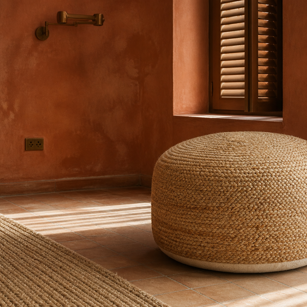 Three quarter view of the braided jute ottoman showing its cream cotton canvas base band