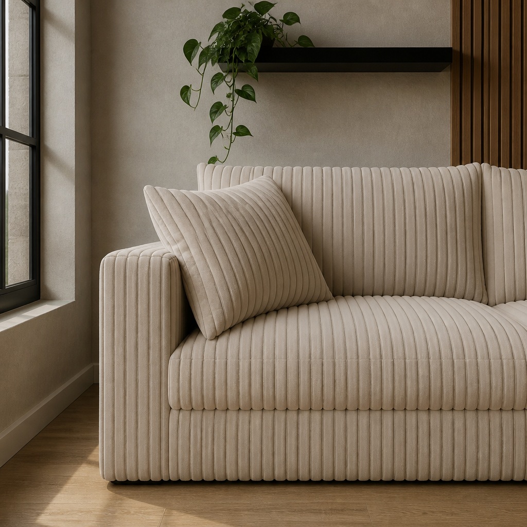 Close detail of the jumbo corduroy wale across a cream sectional seat cushion