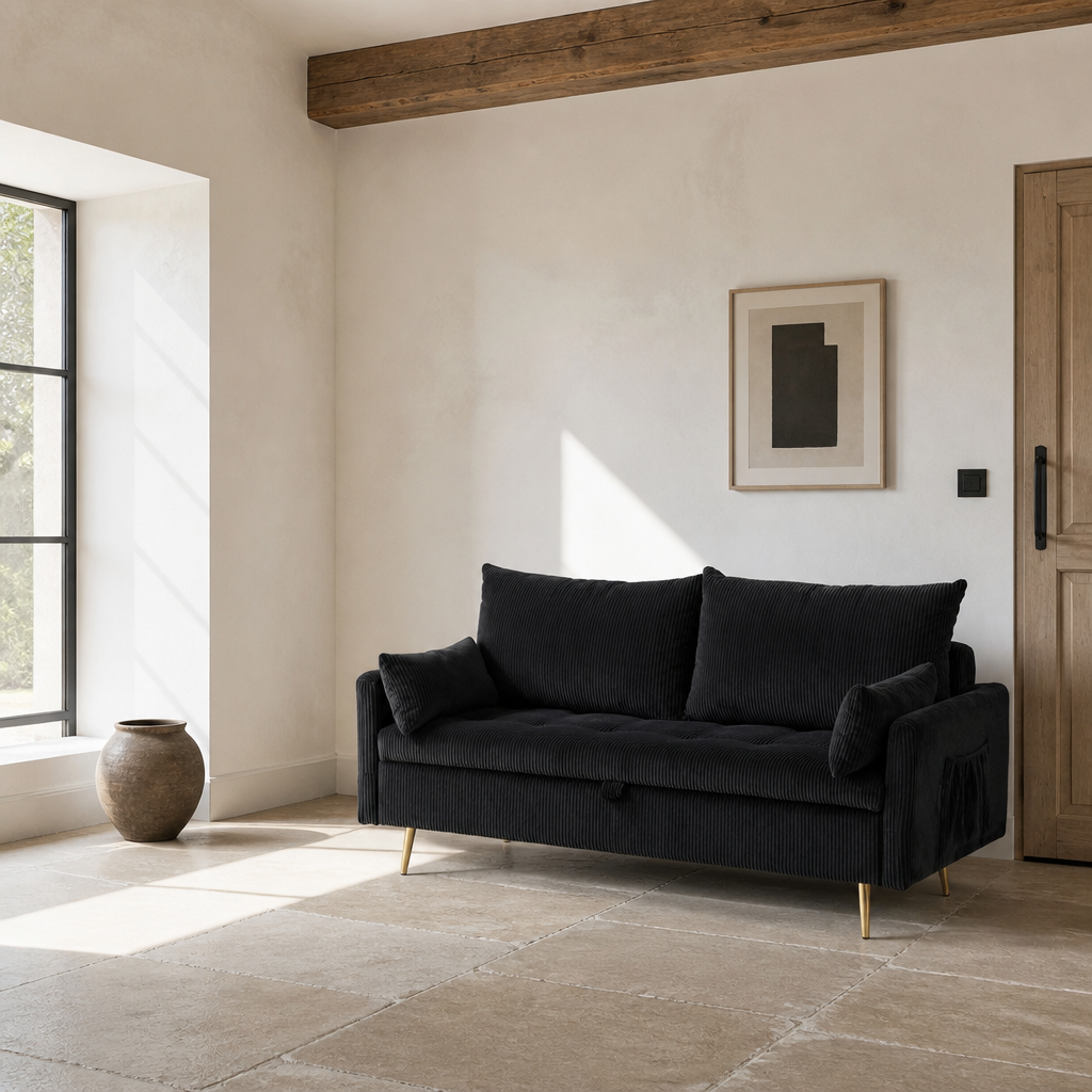 Black corduroy loveseat in a full room with limestone flags and an exposed beam