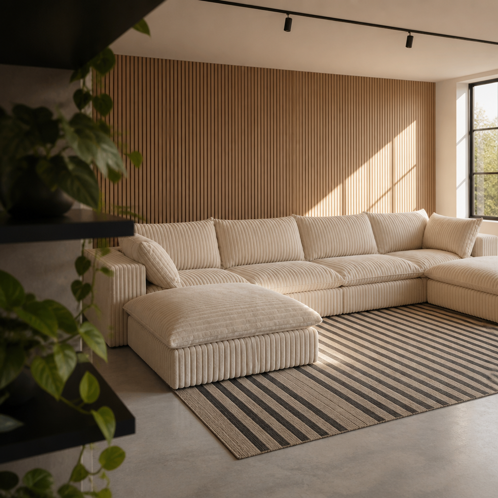 Cream corduroy sectional seen past black floating shelves with trailing pothos