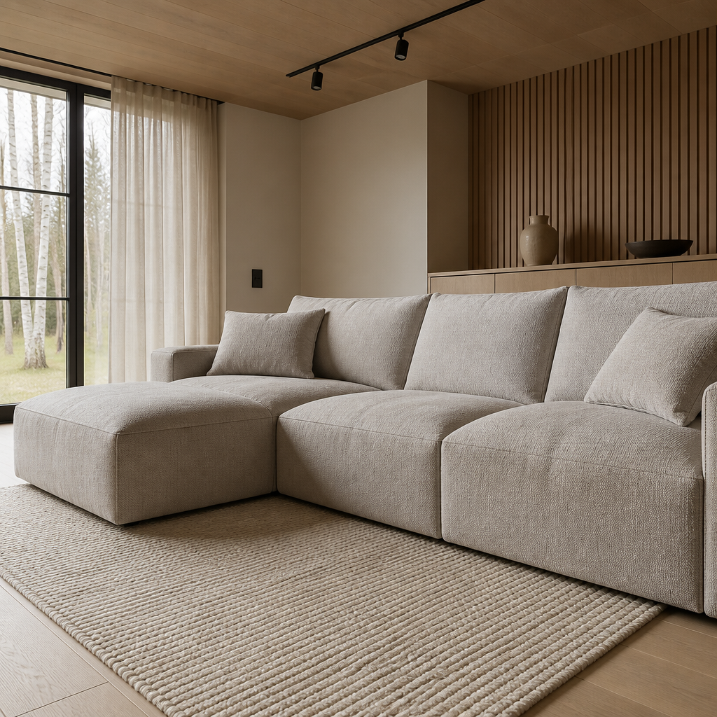 Low angled view of the sectional seat modules and scatter cushions
