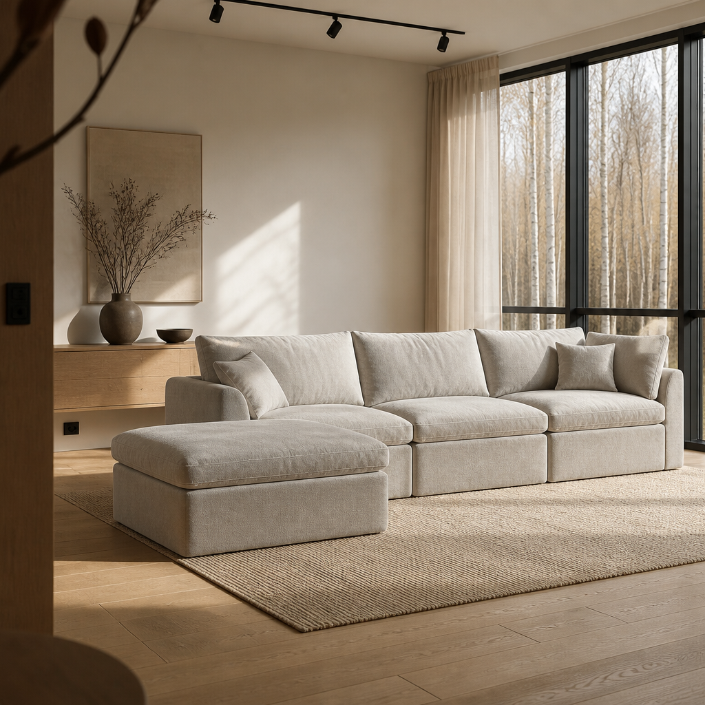 Cloud sectional sofa in a Nordic oak living room with white oak floors