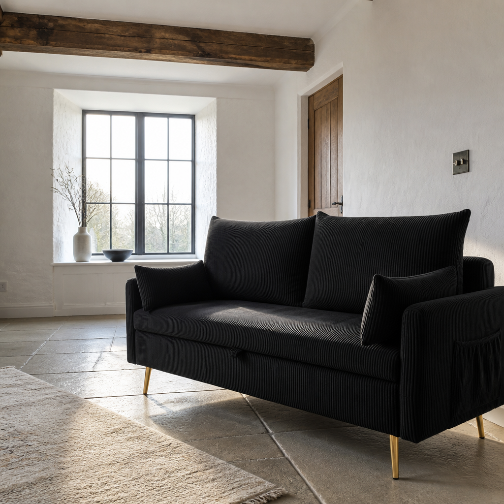 Black corduroy loveseat backlit at a deep window reveal, gold legs catching light