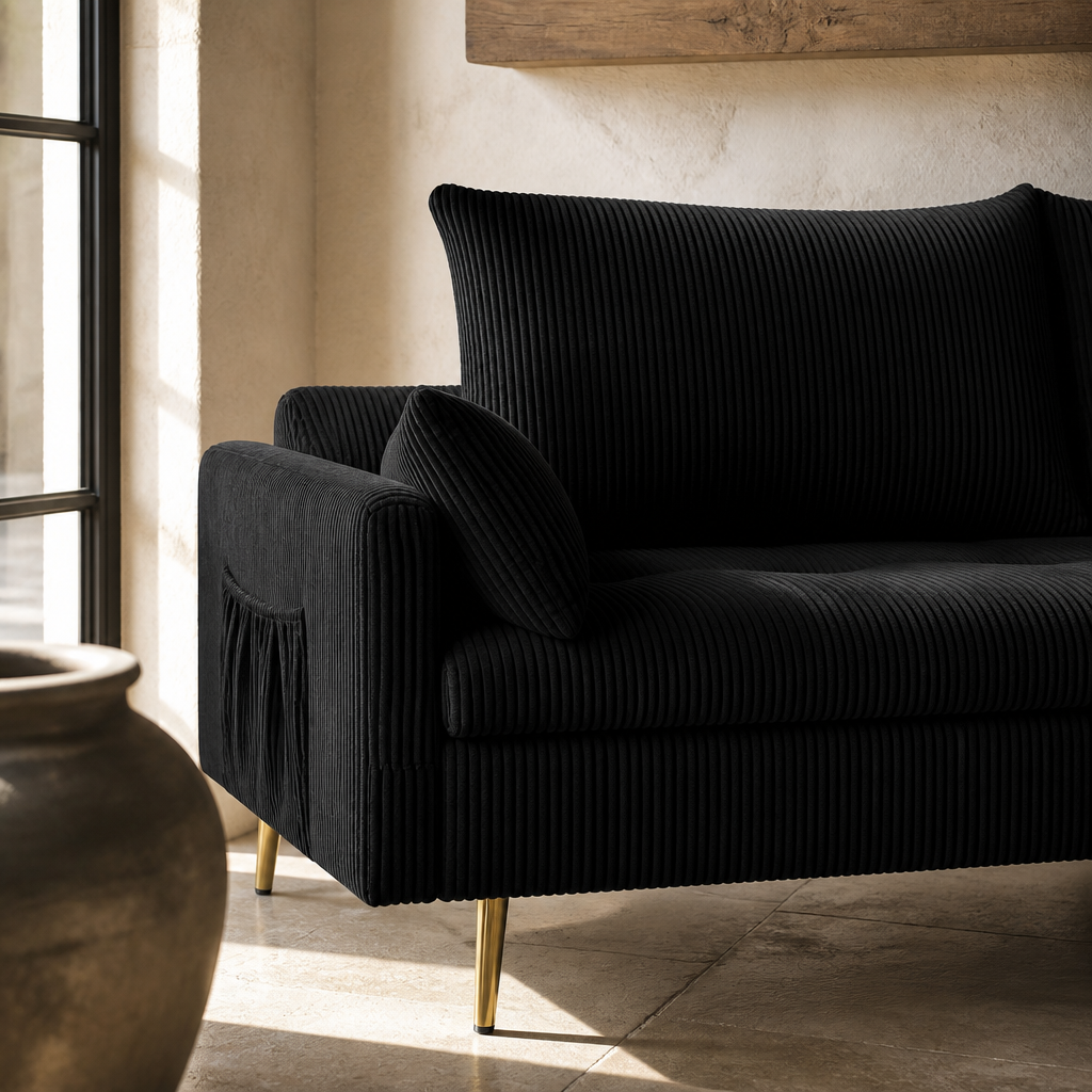 Close detail of the arm, bolster pillow and side pocket of the black corduroy loveseat
