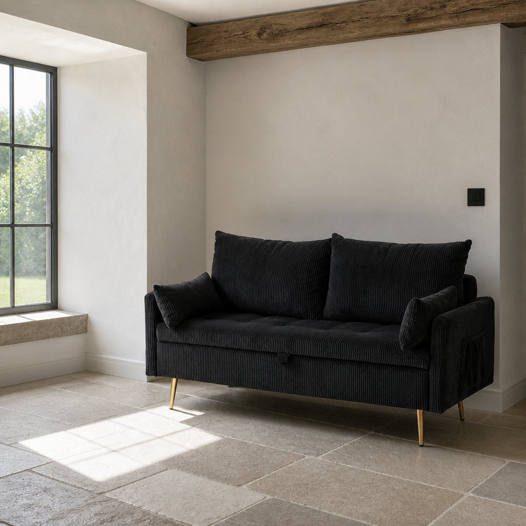 Black corduroy loveseat at the far end of a limestone floored room