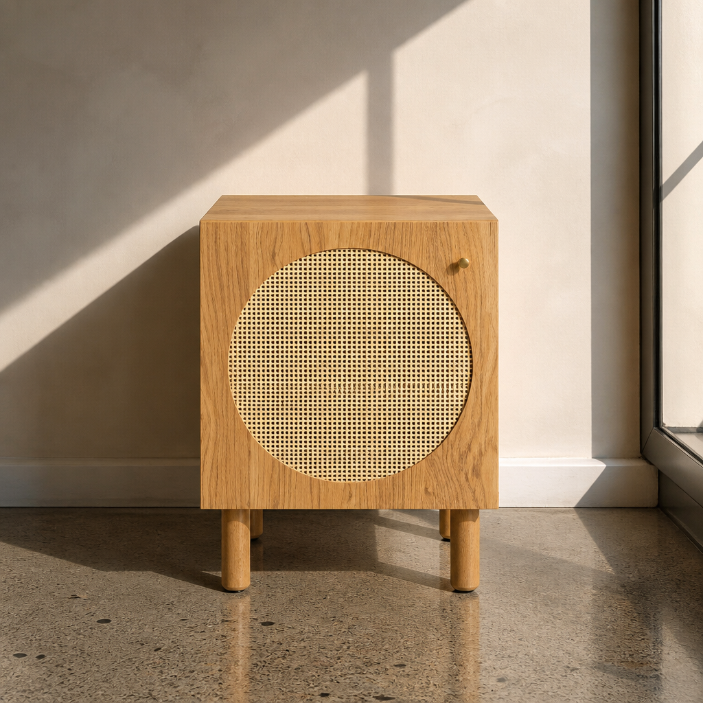 Oak nightstand with circular cane webbing door and brass knob, front view