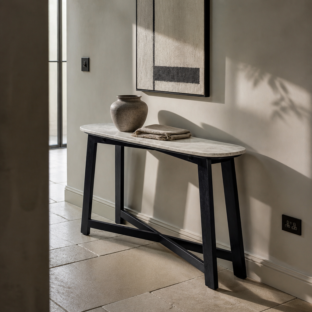 Marble console table styled with a stoneware vessel and folded linen runner