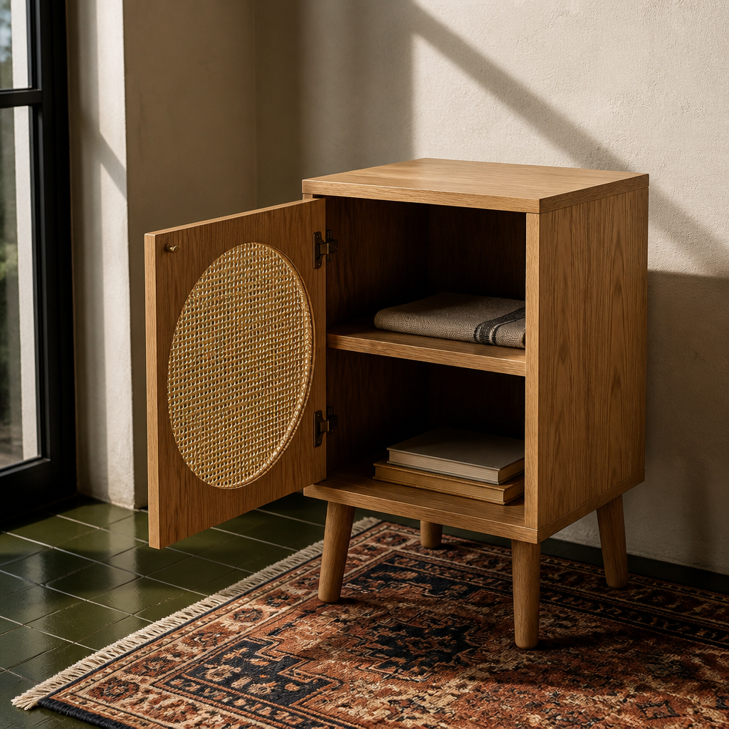 Oak nightstand with the cane door open showing the interior shelf