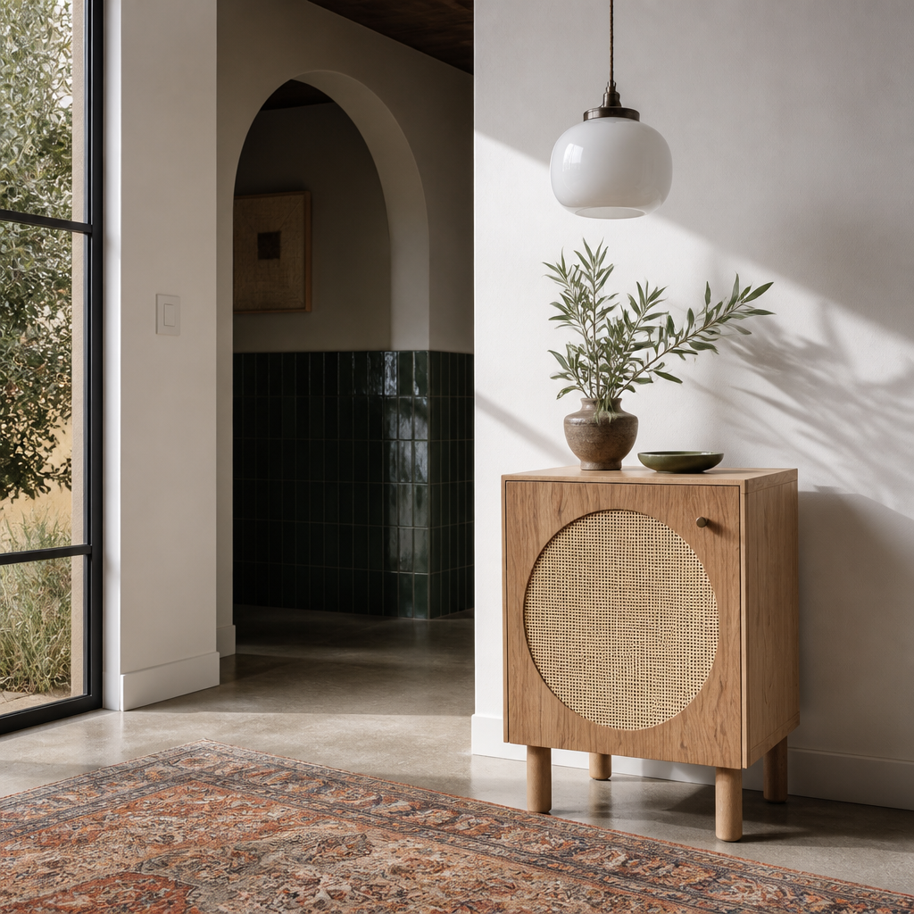 Cane door oak nightstand in a plaster and zellige tiled bedroom