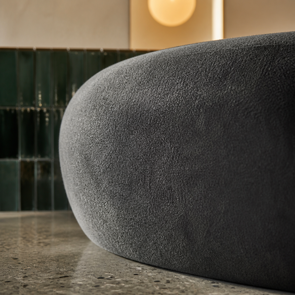 Macro detail of the dark grey cloud fleece velvet nap over the rounded memory foam edge