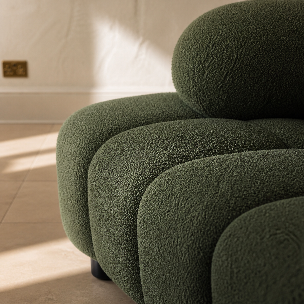Macro detail of the olive green boucle looped pile at the quilted channel between two seat puffs