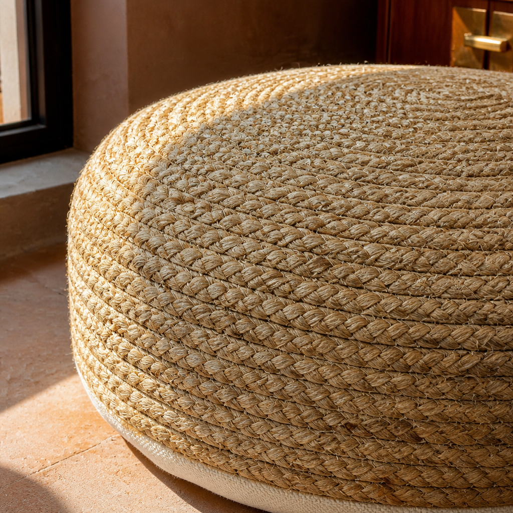 Macro detail of the hand braided jute rope coiled in concentric rings across the ottoman top