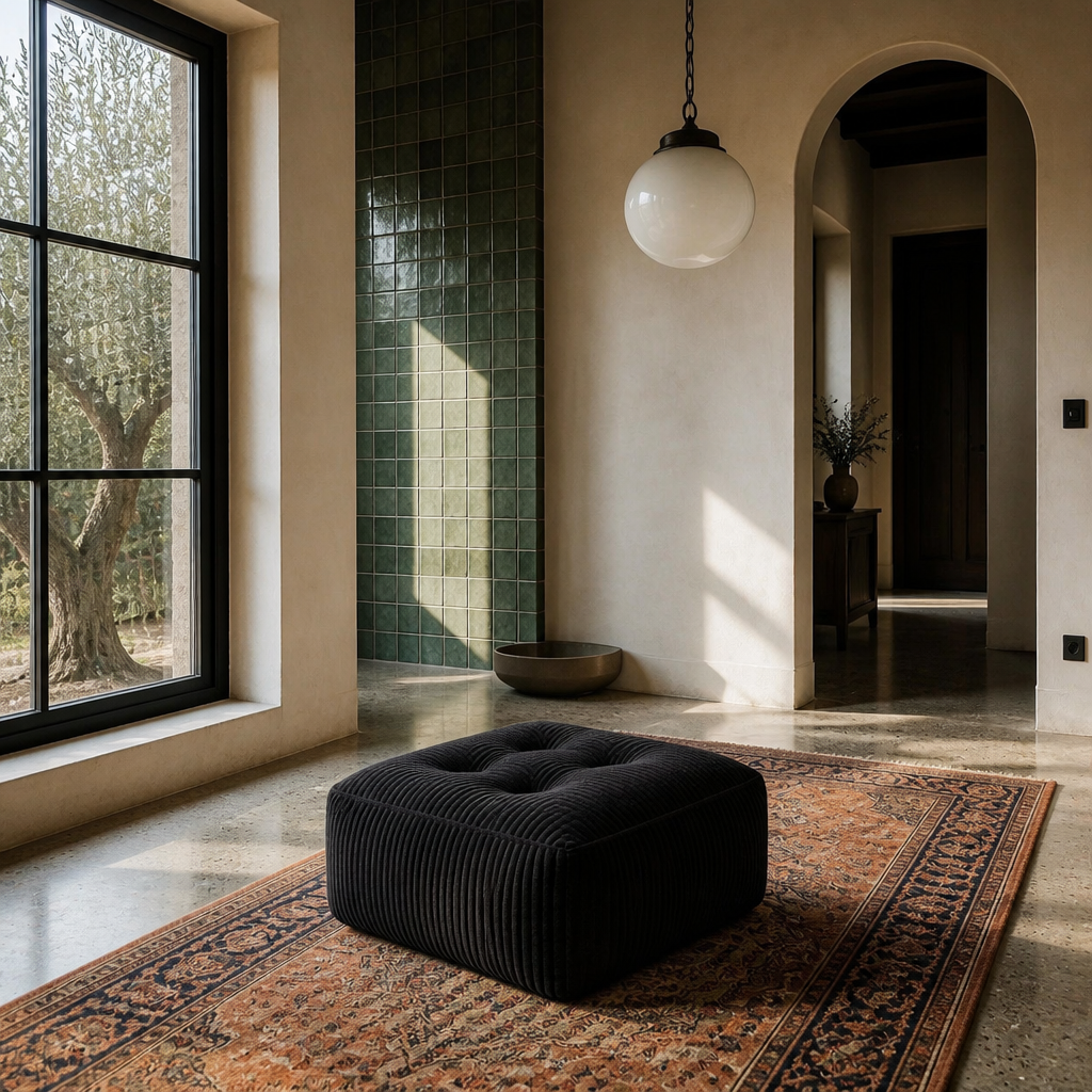 Square black corduroy pouf on a faded terracotta runner in a Mediterranean room