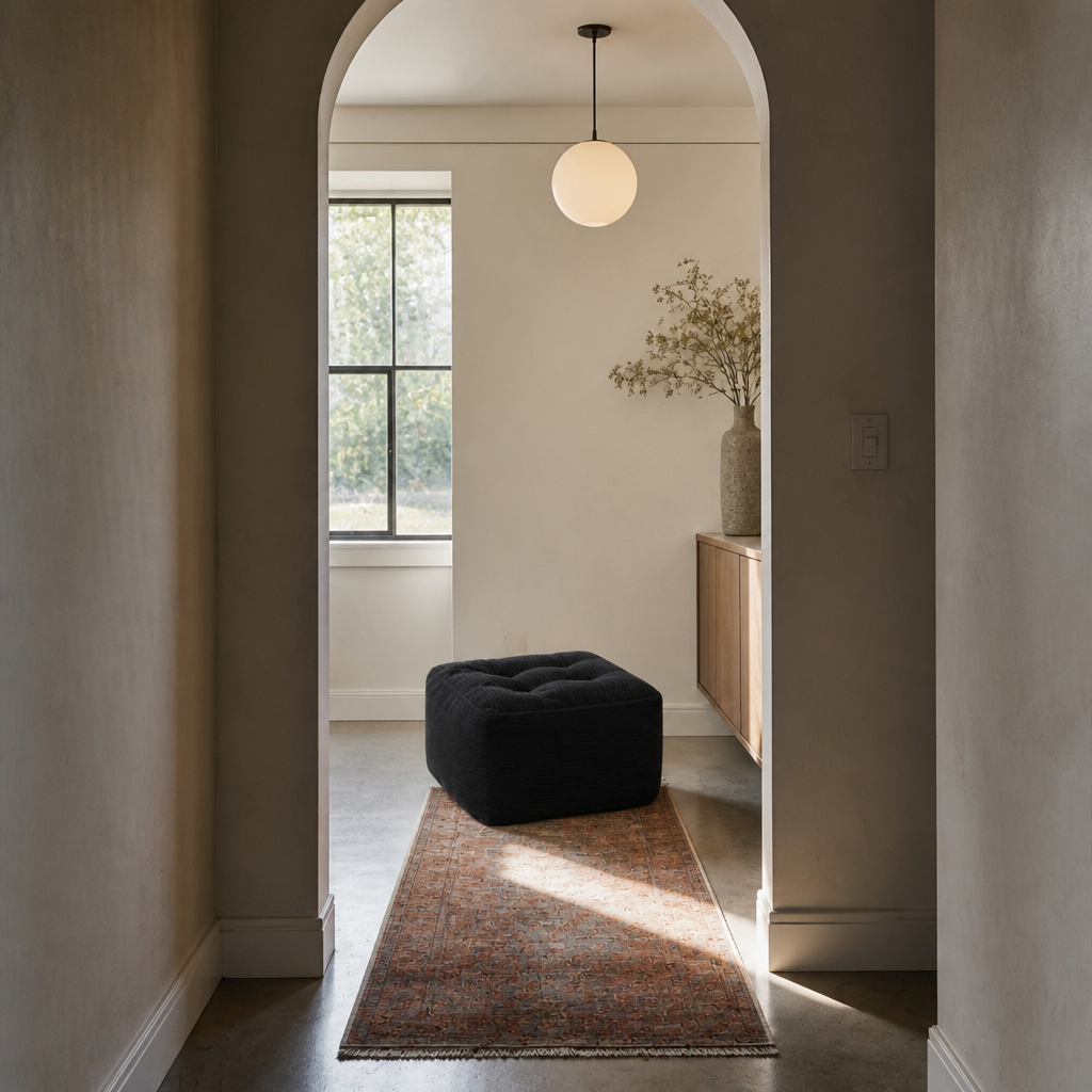 Square black corduroy pouf seen through an arched opening from a darker hall