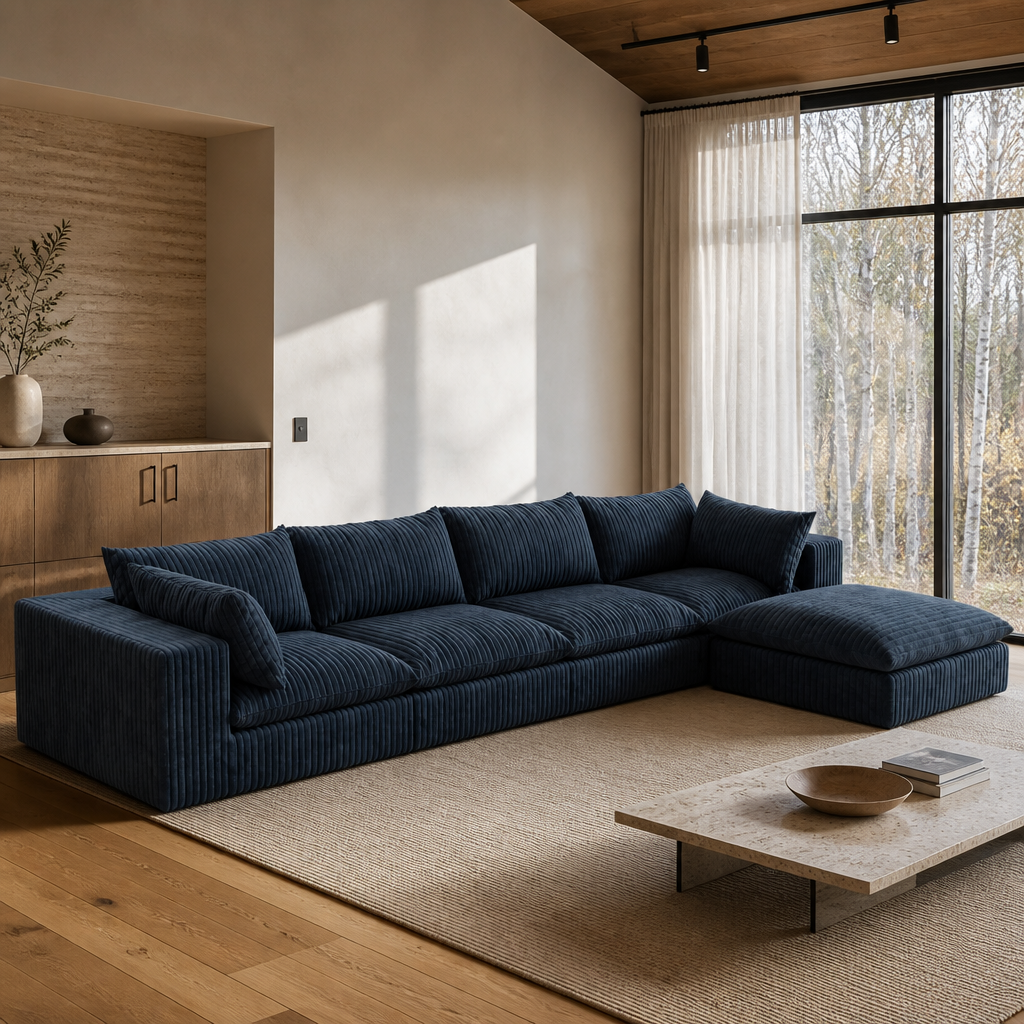 Navy corduroy sectional sofa in a Nordic oak living room with white oak plank floor and oatmeal wool rug