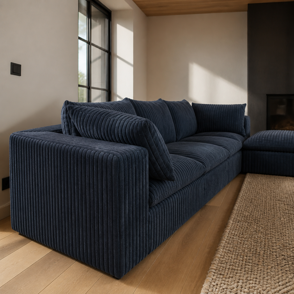 Close detail of the jumbo corduroy wale where the seat meets the low track arm on the navy sectional