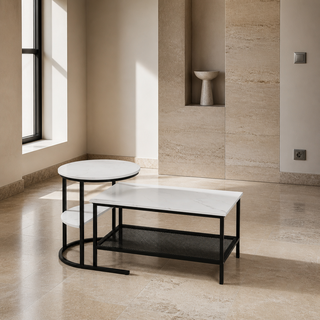 Nesting coffee table set in a travertine gallery interior