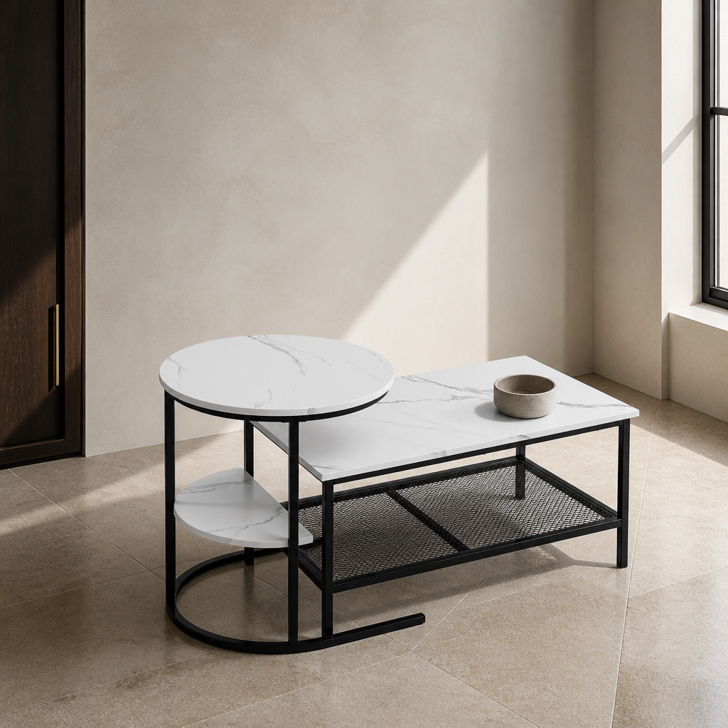 White faux marble and black steel nesting coffee table set of two