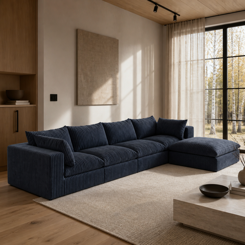 Navy corduroy sectional sofa seen from the corner, showing the chaise return and upholstered plinth base