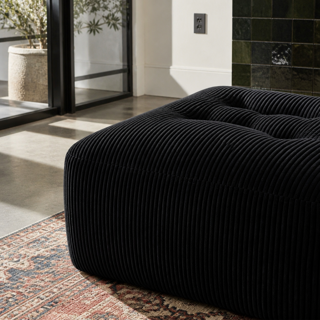 Close detail of the tufted top and vertical ribs of the black corduroy pouf