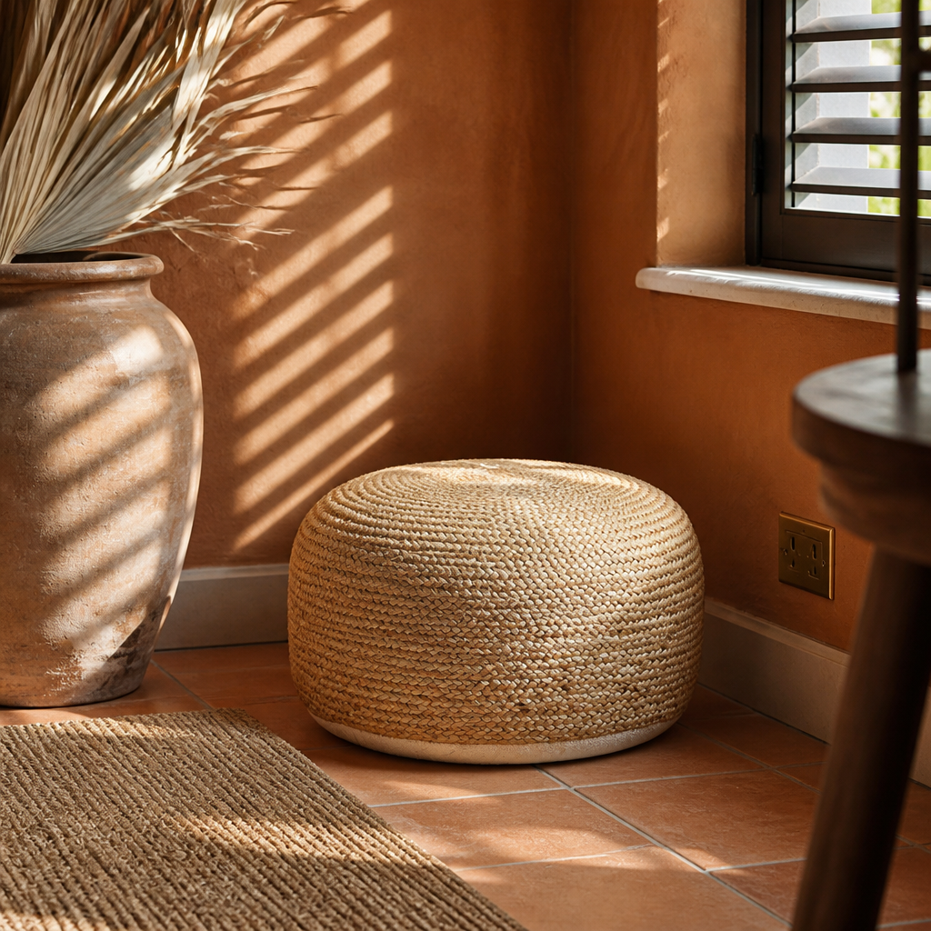 Styled corner with the braided jute ottoman beside a large unglazed vessel of dried palm