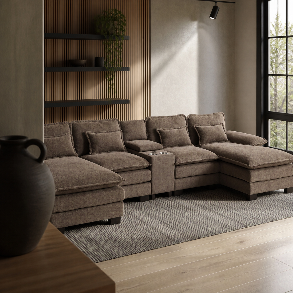 Styled view of the brown chenille sectional with its upholstered console and twin stainless cup holders