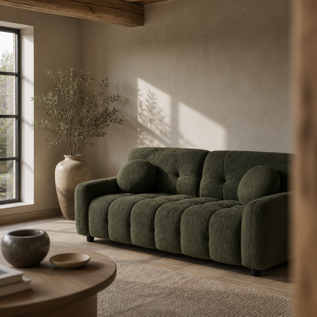 Styled corner with the green boucle sofa, a stoneware vessel and an exposed timber beam above