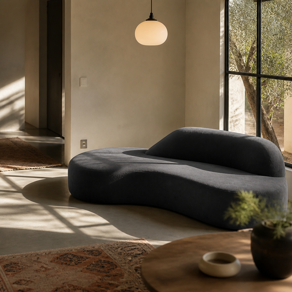 Styled view of the dark grey curved couch on a faded terracotta runner beneath an opal glass pendant
