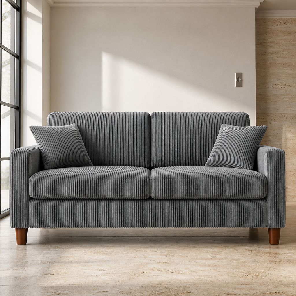 Mid grey wide-wale corduroy two-seat sofa on tapered dark walnut legs, close product view