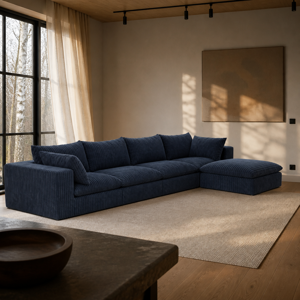 Navy corduroy sectional sofa in late daylight beside black steel glazing
