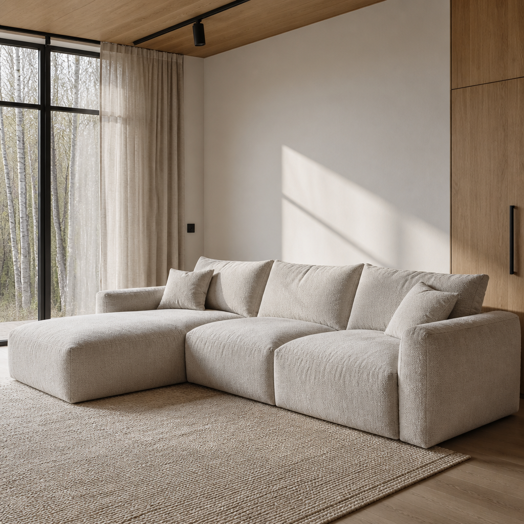 Cloud sectional sofa and ottoman in a Nordic oak living room, alternate view