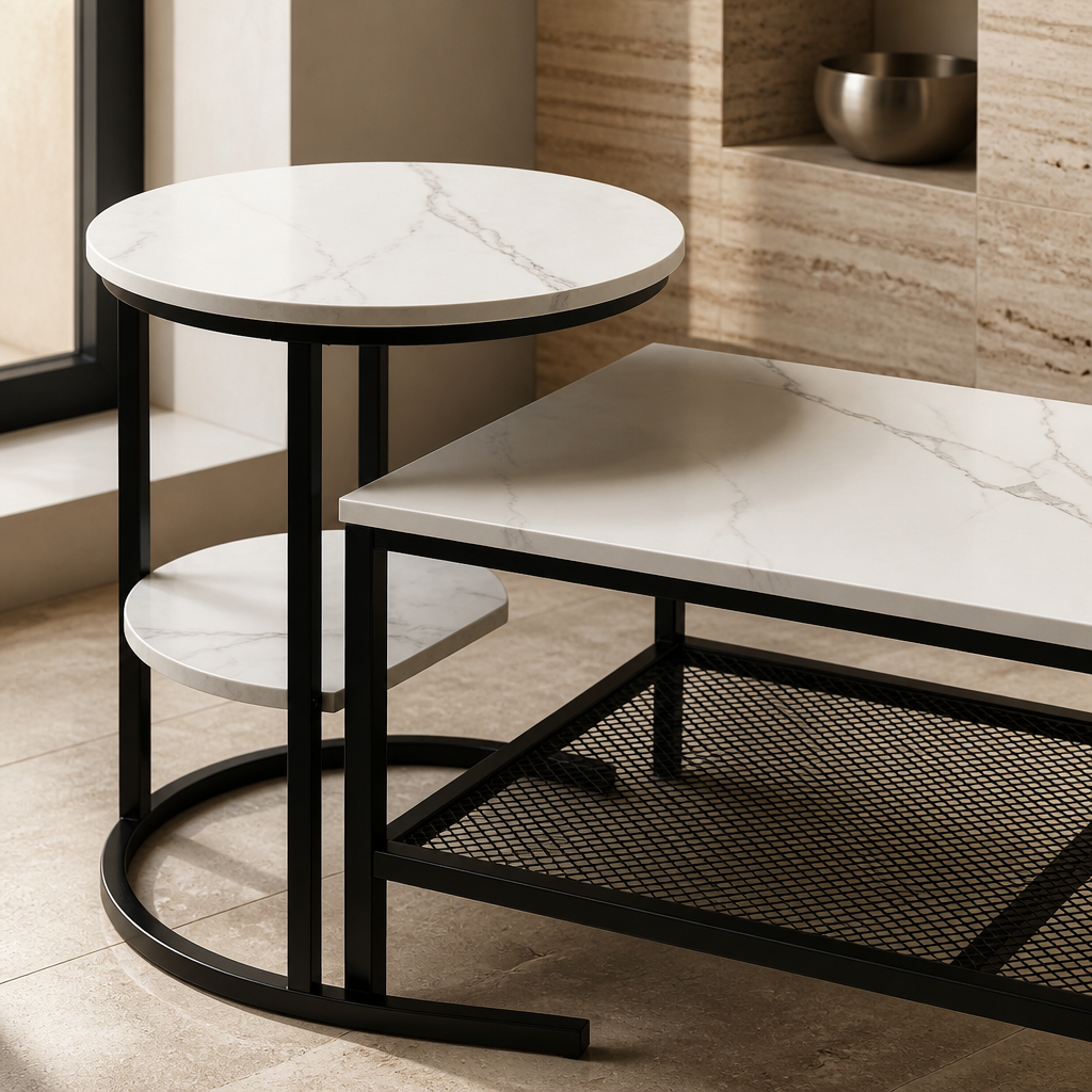 Detail of the stone top edge meeting the mitred black steel frame