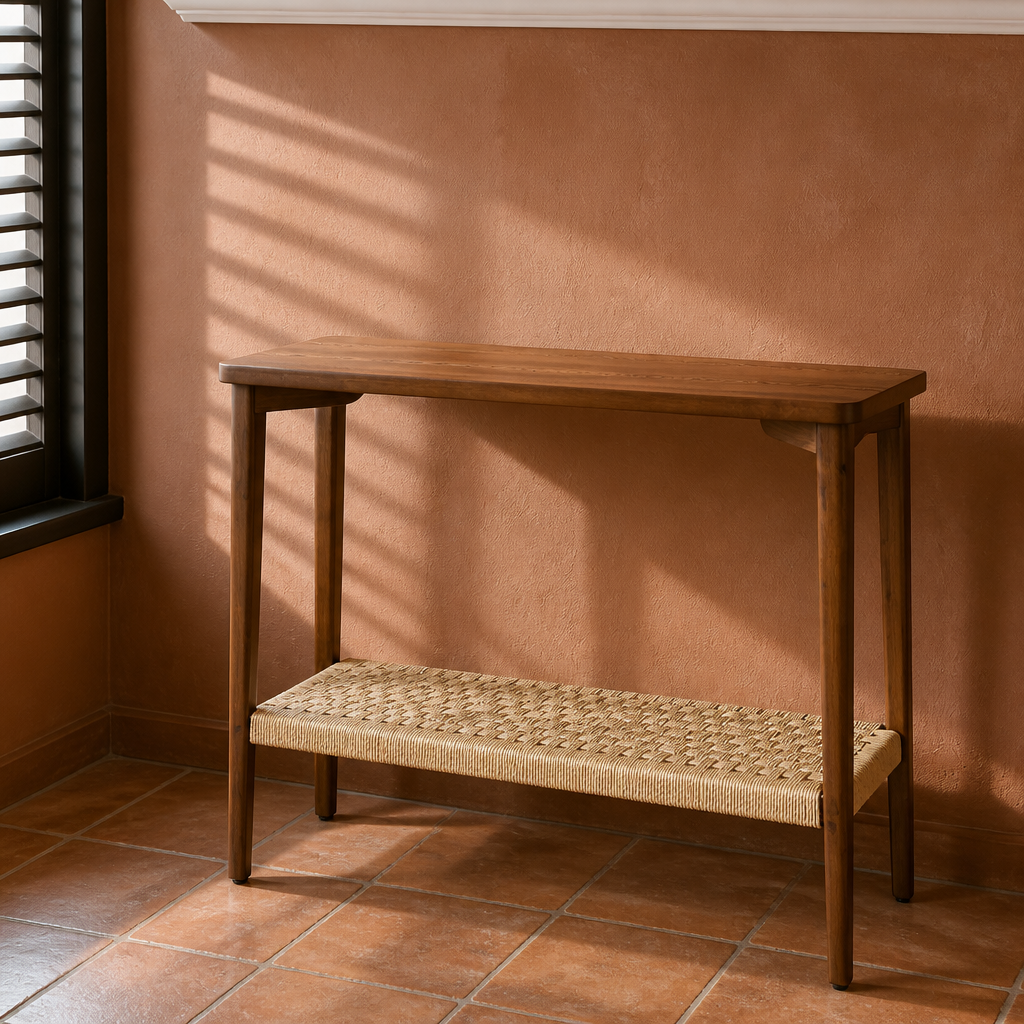 Walnut stained solid wood console table with woven paper cord shelf