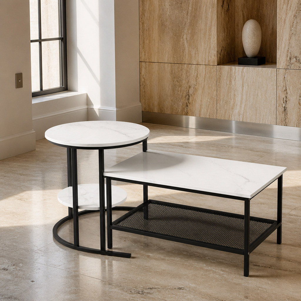 Styled vignette of the round side table cantilever base and coffee table