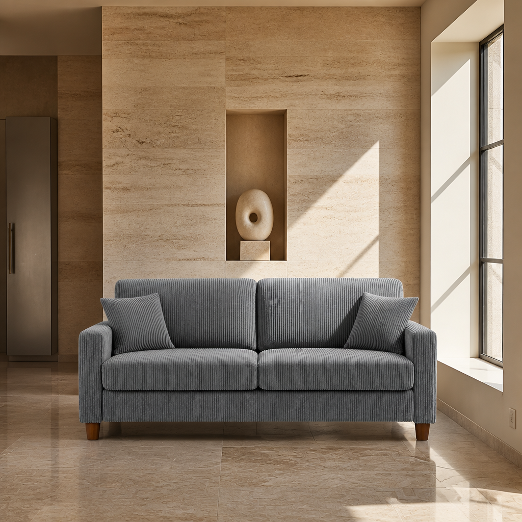 Grey corduroy sofa in a travertine interior with a deep window reveal