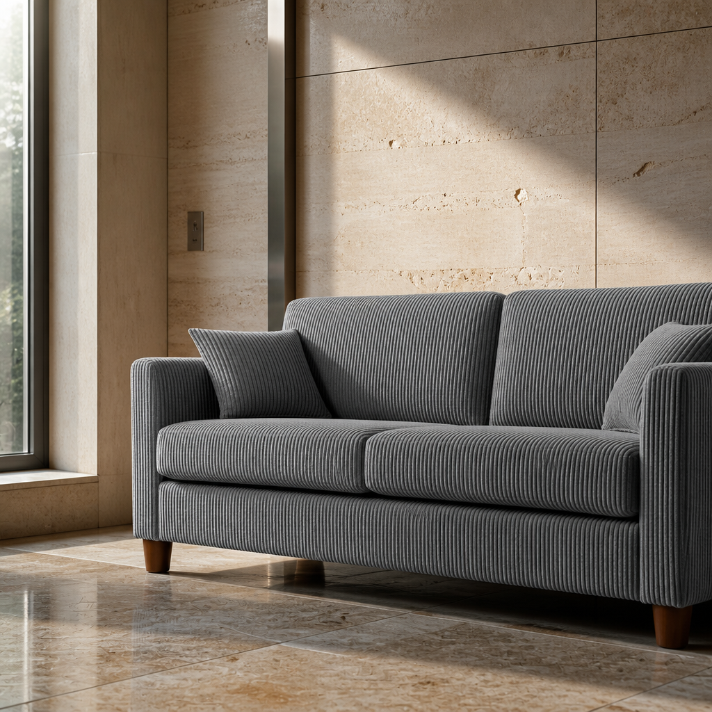 Close detail of the corduroy wale where the seat cushion meets the track arm on the grey sofa